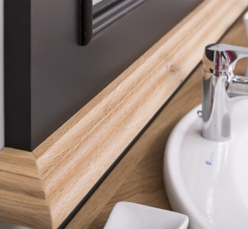 Set mobilier baie lemn masiv, masca pentru 2 lavoare + oglinda, blat stejar masiv, 150 x 51 x 91 cm - Img 2