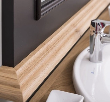 Set mobilier baie lemn masiv, masca pentru 2 lavoare + oglinda, blat stejar masiv, 150 x 51 x 91 cm - Img 2