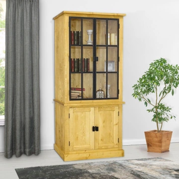 Biblioteca cu vitrina lemn masiv Industrial Wood cu 4 usi, 100 x 45 x 223 cm - Img 2