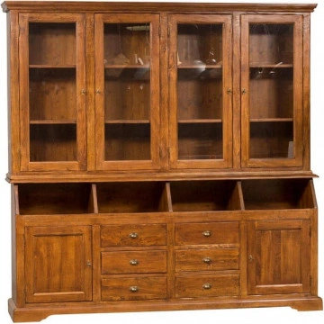 Bufet cu vitrina Dolce Toscana lemn masiv de tei nuc antik, 230 x 38/50 x 226 cm - Img 2