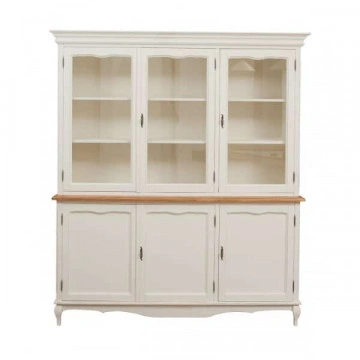 Bufet cu vitrina Toscana Charme 2 x 3 usi lemn masiv tei, alb unt + natur antik, 175 x 41 x 207 cm - Img 2