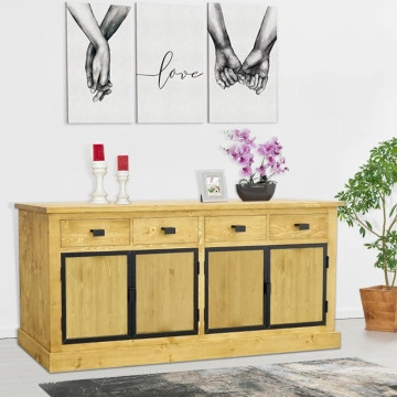 Bufet lemn masiv Industrial Wood, 4 usi si 4 sertare, 200 x 50 x 90 cm
