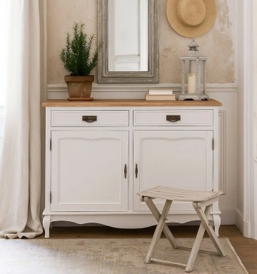 Bufet Toscana Charme cu 2 usi si 2 sertare lemn masiv tei, alb unt + natur antik, 123 x 42 x 92.5 cm