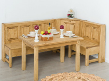 Coltar de bucatarie Cabana lemn masiv rustic cu lada depozitare, 185/135 x 61 x 93/45 cm - Img 3
