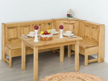 Coltar de bucatarie Cabana lemn masiv rustic cu lada depozitare, 185/135 x 61 x 93/45 cm - Img 3
