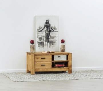 Comoda TV 2 sertare si 2 nise Ecuador, Lemn masiv rustic, 100 x 50 x 50 cm - Img 1
