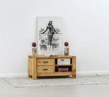 Comoda TV 2 sertare si 2 nise Ecuador, Lemn masiv rustic, 100 x 50 x 50 cm