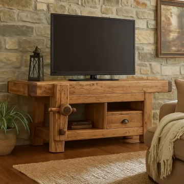 Comoda TV Dolce Toscana, model banc tamplar natur antik lemn tei, 120 x 65 x 45 cm