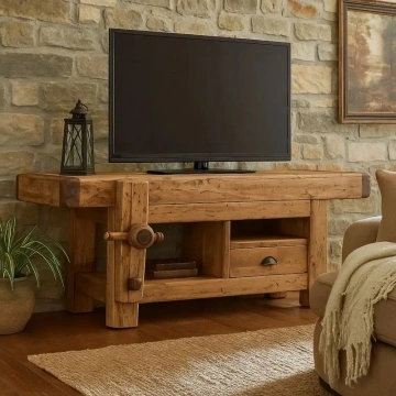 Comoda TV Dolce Toscana, model banc tamplar natur antik lemn tei, 120 x 65 x 45 cm