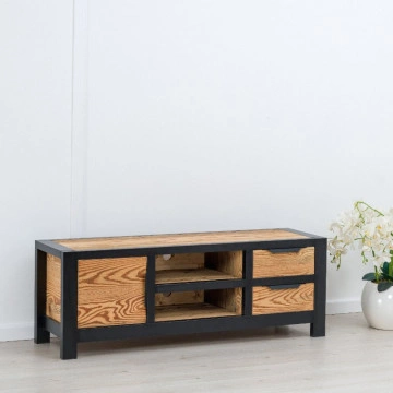 Comoda TV Rustic Loft 1 usa, 2 sertare si nisa, Lemn masiv rustic, 140 x 40 x 50 cm - Img 3