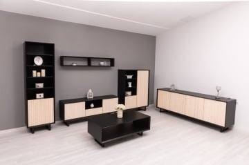 Etajera Dulapior Pianno, 1 usa si 4 rafturi, lemn masiv + mdf negru, 57 x 40 x 200 cm - Img 6