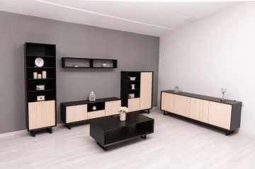 Etajera Dulapior Pianno, 1 usa si 4 rafturi, lemn masiv + mdf negru, 57 x 40 x 200 cm - Img 6