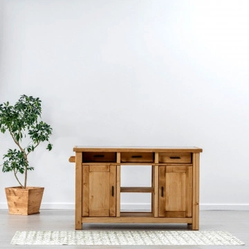 Insula de bucatarie Ecuador cu doua fete, 4 usi si 3 sertare, Lemn masiv rustic, 134 x 62 x 85 cm - Img 6