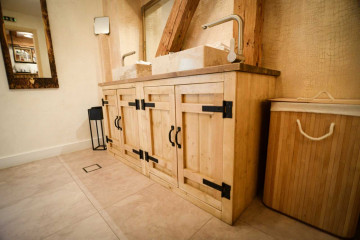 Masca de baie Equator pentru 2 lavoare pe blat, lemn masiv pin, 150 x 50 x 75 cm - Img 6