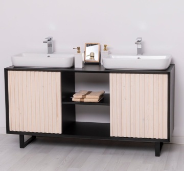 Mobilier de baie dublu lemn masiv Pianno cu 2 usi, 150 x 50 x 76 cm - Img 6
