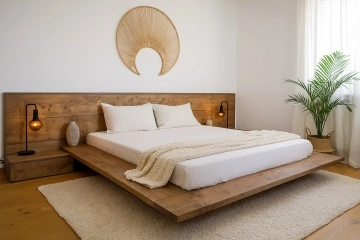 Pat lemn masiv pin cu noptiere, model Artemis, grinzi solide rustice, 140 cm, 160 cm, 180 cm sau 200 cm