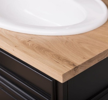 Set mobilier baie lemn masiv, masca pentru 2 lavoare + oglinda, blat stejar masiv, 150 x 51 x 91 cm - Img 3