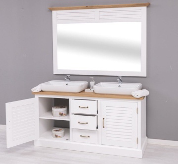 Set mobilier baie lemn masiv Ohanna alb, masca de baie dubla + oglinda, blat stejar masiv, 150 x 51 x 75 cm - Img 5
