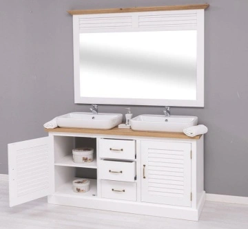Set mobilier baie lemn masiv Ohanna alb, masca de baie dubla + oglinda, blat stejar masiv, 150 x 51 x 75 cm - Img 5