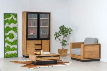 Biblioteca Lemn masiv Mexicana, 2 usi sticla, 2 usi si 3 sertare, 120 x 40 x 200 cm - Img 2