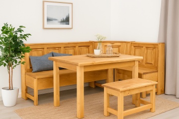 Coltar de bucatarie Cabana lemn masiv rustic cu lada depozitare, 185/135 x 61 x 93/45 cm