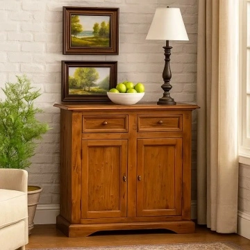 Comoda Toscana 2 usi si 2 sertare lemn masiv tei, nuc antik, 110 x 45 x 103 cm