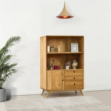 Dulap cu 1 usa, 3 sertare si biblioteca Sahara, Lemn masiv rustic, 95 x 45 x 150 cm