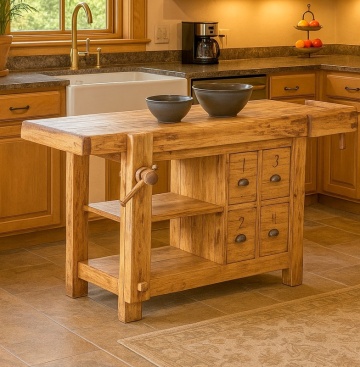 Insula de bucatarie Toscana, lemn masiv model banc tamplar, natur antik, 188 x 78 x 92 cm