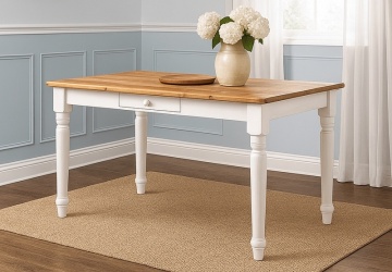 Masa Toscana fixa cu 1 sertar lemn masiv tei, alb unt + natur antik, 140 x 80 x 80 cm