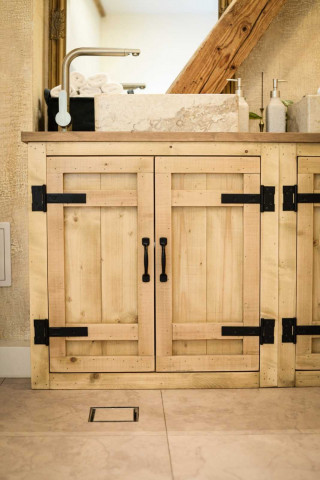 Masca de baie Equator pentru 2 lavoare pe blat, lemn masiv pin, 150 x 50 x 75 cm - Img 2