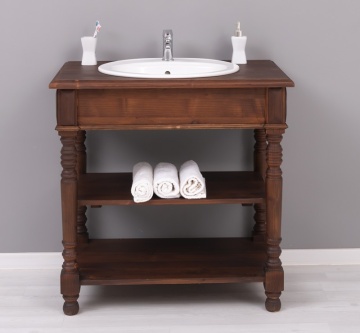Masca de baie rustica pentru 1 lavoar, cu 2 rafturi lemn masiv, 90 x 54 x 90 cm - Img 3