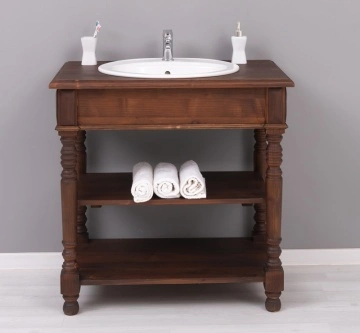 Masca de baie rustica pentru 1 lavoar, cu 2 rafturi lemn masiv, 90 x 54 x 90 cm - Img 3