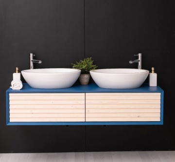 Mobilier de baie dublu lemn masiv Pianno cu 2 sertare, suspendat, 150 x 50 x 33 cm - Img 2