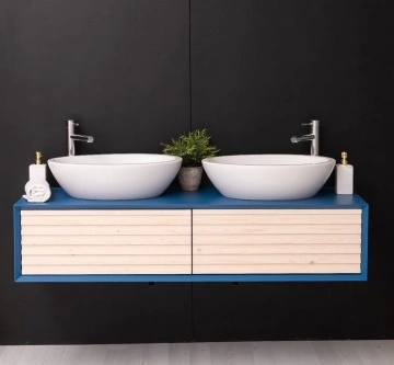 Mobilier de baie dublu lemn masiv Pianno cu 2 sertare, suspendat, 150 x 50 x 33 cm - Img 2