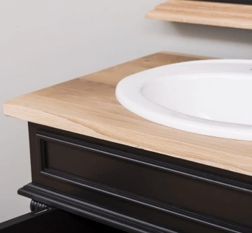 Set mobilier baie lemn masiv, masca pentru 2 lavoare + oglinda, blat stejar masiv, 150 x 51 x 91 cm - Img 4
