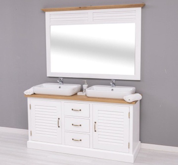 Set mobilier baie lemn masiv Ohanna alb, masca de baie dubla + oglinda, blat stejar masiv, 150 x 51 x 75 cm - Img 6