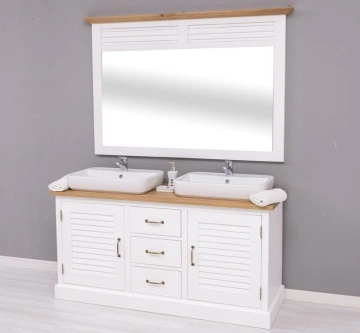 Set mobilier baie lemn masiv Ohanna alb, masca de baie dubla + oglinda, blat stejar masiv, 150 x 51 x 75 cm - Img 6