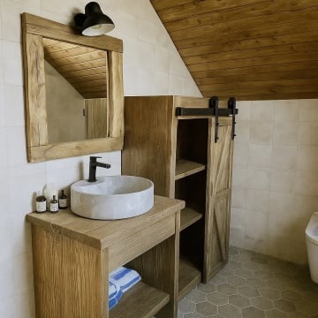Set Mobilier baie Mocănița, masca de baie + oglinda + dulap lemn masiv - Img 4