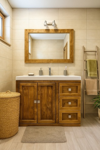 Set Mobilier baie Samara, Masca lavoar cu Oglinda, lemn masiv pin