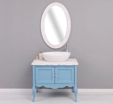 Set mobilier baie Shabby Rustic, masca lavoar + oglinda ovala lemn masiv, 90 x 54 x 175 cm
