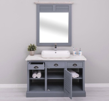 Set mobilier de baie Azore lemn masiv, masca de baie + oglinda, 120 x 51 x 175 cm - Img 2