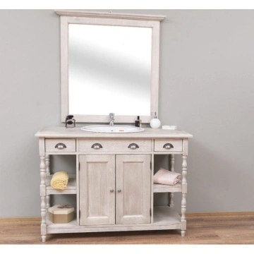 Set mobilier de baie, masca lavoar + oglinda lemn masiv, 128 x 54 x 191 cm