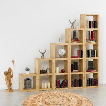 Biblioteca Cub Cabana model in trepte, lemn masiv rustic, 215 x 35 x 215 cm