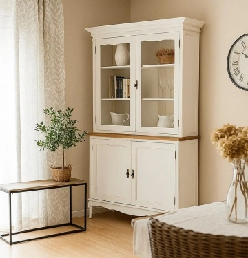 Bufet cu vitrina Toscana Charme cu 2 x 2 usi lemn masiv tei, alb unt + natur antik, 125 x 42 x 207 cm