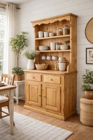 Bufet Rustic Apuseni cu 2 usi, 2 sertare si etajera din lemn masiv, 106 x 46/30 x 199 cm