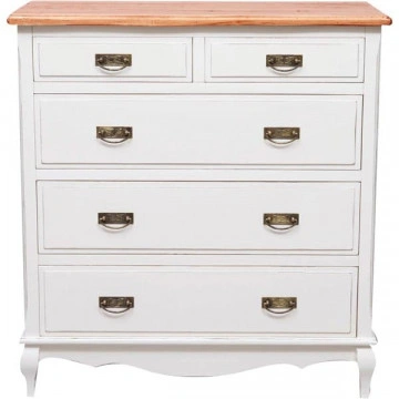 Comoda Toscana Charme 5 sertare lemn masiv tei, alb unt + natur antik, 100 x 45 x 106 cm - Img 2