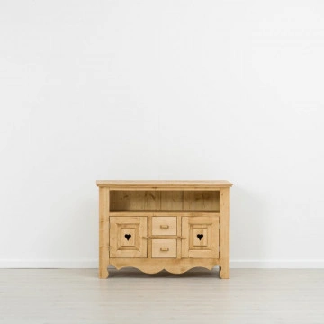 Comoda TV Cabana cu 2 usi 2 sertare si nisa, Lemn masiv rustic, 120 x 50 x 85 cm - Img 2