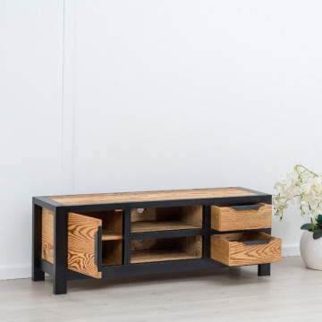 Comoda TV Rustic Loft 1 usa, 2 sertare si nisa, Lemn masiv rustic, 140 x 40 x 50 cm - Img 2