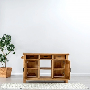 Insula de bucatarie Ecuador cu doua fete, 4 usi si 3 sertare, Lemn masiv rustic, 134 x 62 x 85 cm - Img 8