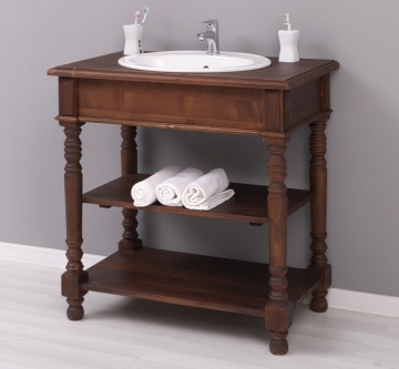 Masca de baie rustica pentru 1 lavoar, cu 2 rafturi lemn masiv, 90 x 54 x 90 cm - Img 4